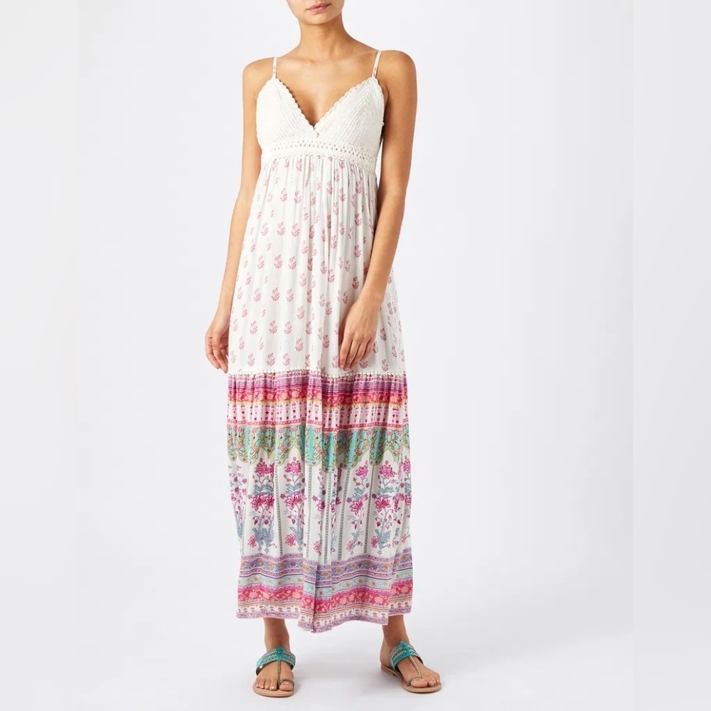 #133 Monsoon Saffron Floral Maxi Dress Viscose Crepe & Crochet Bust Size Small
